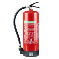 Red Cfmm9L Multimax 9L L Ion Fire Extinguisher front view with hose and black base against white background
