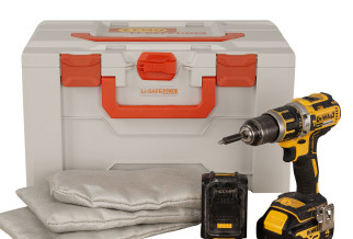 Charging Cabinets and Battery Storage showing a grey and orange storage box with drill and battery packs in front