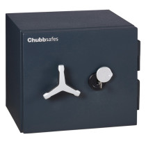 Chubbsafes Duoguard 40 safe showing the angled guard lifted on the front panel and key inserted