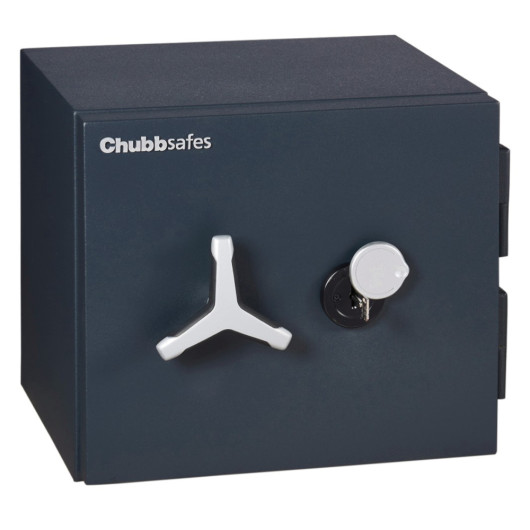 Chubbsafes Duoguard 40 safe showing the angled guard lifted on the front panel and key inserted