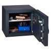 chubbsafes duoguard 40 safe with door open showing shelves holding a camera watch jewellery and a small blue box