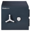front view of chubbsafes duoguard 40 safe showing a metal handle and circular dial on a dark blue door