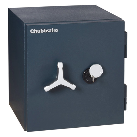 chubbsafes duoguard 60 safe showing front view with the angled guard lifted and keys in the lock