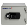 Front view of a light grey chubbsafes executive 15 safe with a black keypad and silver combination dial on the door