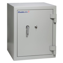 chubbsafes executive 65 safe shown angled with a key in the lock and handle on the front panel