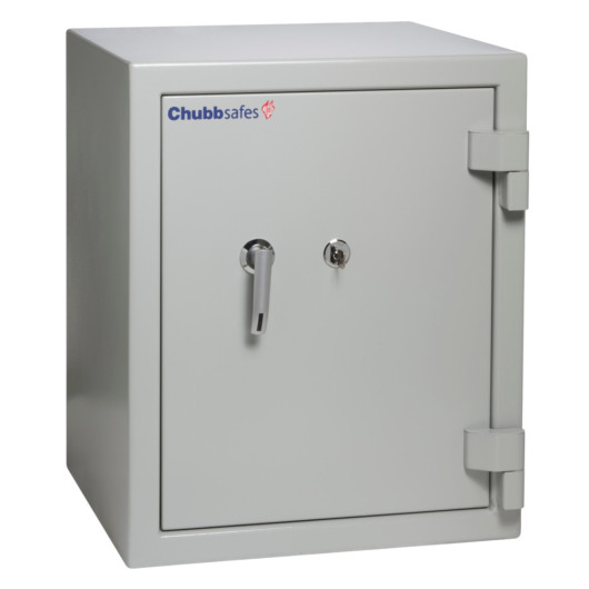 chubbsafes executive 65 safe shown angled with a key in the lock and handle on the front panel
