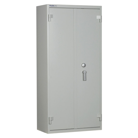 Front view of a grey Chubbsafes Forceguard Size3 unit with two doors and a central lock handle