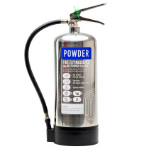 Silver Chk6Pss Contempo 6Kg Powder Fire Extinguisher shown from the front with hose and pressure gauge visible