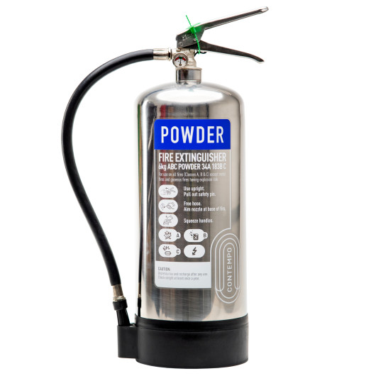 Silver Chk6Pss Contempo 6Kg Powder Fire Extinguisher shown from the front with hose and pressure gauge visible