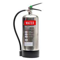 Front view of contemp 6ltr water extinguisher stainless steel with label and black hose attached