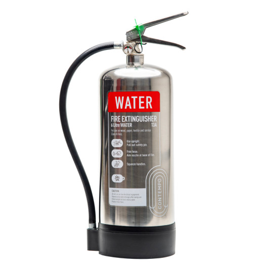Front view of contemp 6ltr water extinguisher stainless steel with label and black hose attached