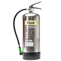 Silver Chk9Fffss Contempo 9Ltr Fluorine Free Foam Fire Extinguisher with black hose and green nozzle shown from the front