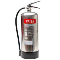 Close-up of Chk9Wss Contempo 9Ltr Water Stainless Steel Fire Extinguisher Front showing label and hose details