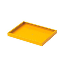 A small yellow metal spill tray or shelf insert with a raised edge and several evenly spaced holes across the surface.