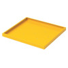 A square yellow metal spill tray or shelf insert with a raised lip and multiple small holes across the surface.