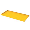 A yellow metal spill tray or shelf insert with a raised edge and multiple drainage or vent holes across the surface.