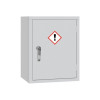 A light grey single‑door COSHH storage cabinet with a red‑bordered hazard symbol showing an exclamation mark and a silver handle.