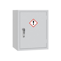 A light grey single‑door COSHH storage cabinet with a red‑bordered hazard symbol showing an exclamation mark and a silver handle.