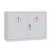 A wide light grey double‑door COSHH storage cabinet featuring two red‑bordered hazard symbols with exclamation marks and a central silver handle.
