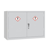 A wide light grey double‑door COSHH storage cabinet featuring two red‑bordered hazard symbols with exclamation marks and a central silver handle.