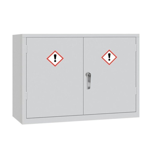 A wide light grey double‑door COSHH storage cabinet featuring two red‑bordered hazard symbols with exclamation marks and a central silver handle.