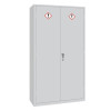 A tall light grey double‑door COSHH storage cabinet with two hazard symbols displaying exclamation marks and a central silver handle.