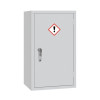 A tall light grey single‑door COSHH storage cabinet with a red‑bordered exclamation hazard symbol and a silver handle.
