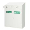 Angled view of a double door first aid storage cabinet showing both doors and upper lockable drawers