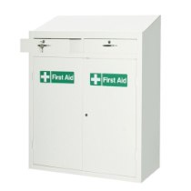 Angled view of a double door first aid storage cabinet showing both doors and upper lockable drawers