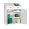 Open double door first aid storage cabinet showing shelves with various first aid supplies and equipment