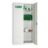 open double door first aid storage cabinet showing contents including a hard hat and medical supplies