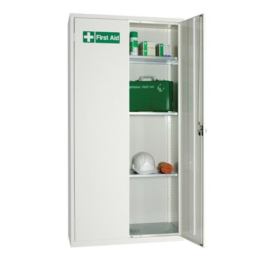 open double door first aid storage cabinet showing contents including a hard hat and medical supplies