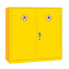 A shorter, wide yellow double‑door flammable liquid storage cabinet featuring two flame hazard labels on the doors and a central silver handle.