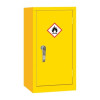 A yellow single‑door flammable liquid storage cabinet with a flame hazard symbol on the front and a silver handle.