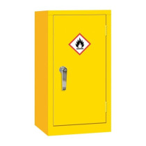 A yellow single‑door flammable liquid storage cabinet with a flame hazard symbol on the front and a silver handle.