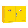 A shorter, wide yellow double‑door flammable liquid storage cabinet featuring two flame hazard labels on the doors and a central silver handle.