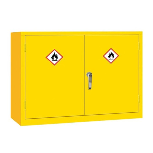 A shorter, wide yellow double‑door flammable liquid storage cabinet featuring two flame hazard labels on the doors and a central silver handle.