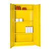 A tall yellow double‑door flammable liquid storage cabinet shown open, revealing multiple shelves containing red and white chemical containers.