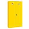 A tall yellow double‑door flammable liquid storage cabinet with two flame hazard symbols and a central silver handle.