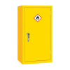 A yellow single‑door flammable liquid storage cabinet with a hazard symbol showing a flame on the front door and a silver handle.