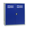 A wide double‑door PPE storage cabinet with blue doors, a grey frame, and “Personal Protective Equipment” labels on each door. A circular handle is placed at the center.