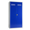 A tall double‑door PPE storage cabinet with blue doors, a grey frame, and “Personal Protective Equipment” labels printed on both doors. A circular handle is centered between the doors.