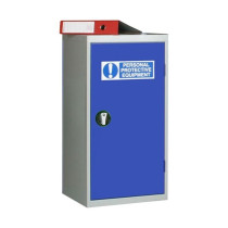 A tall PPE storage cabinet with a blue front door and grey frame, featuring a “Personal Protective Equipment” label and a circular handle. A red document holder is placed on top.