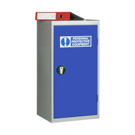 A tall PPE storage cabinet with a blue front door and grey frame, featuring a “Personal Protective Equipment” label and a circular handle. A red document holder is placed on top.