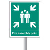 Green Csapalpl Aluminium Fire Assembly Point Sign Large Front showing white arrows pointing to three figures and text below