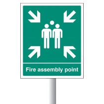 Green Csapalps Aluminium Fire Assembly Point Sign Small Front with white arrows and three person symbols on a pole