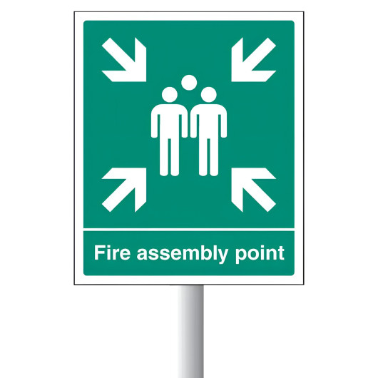Green Csapalps Aluminium Fire Assembly Point Sign Small Front with white arrows and three person symbols on a pole