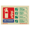 p50 powder photoluminescent rigid sign showing safety instructions with icons and text for fire extinguisher use landscape format