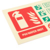 Close up of p50 water mist id sign with fire extinguisher icon in red and white on landscape background