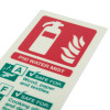 Close up of a p50 water mist id sign showing a red fire extinguisher symbol and safety information text